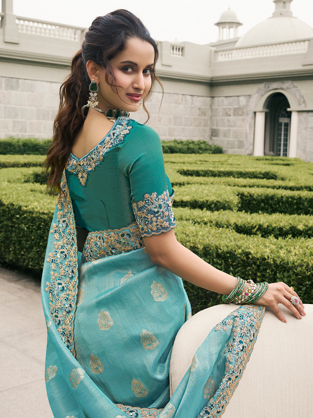 Embroidered Border Pure Tissue Silk Saree in Blue color-81538