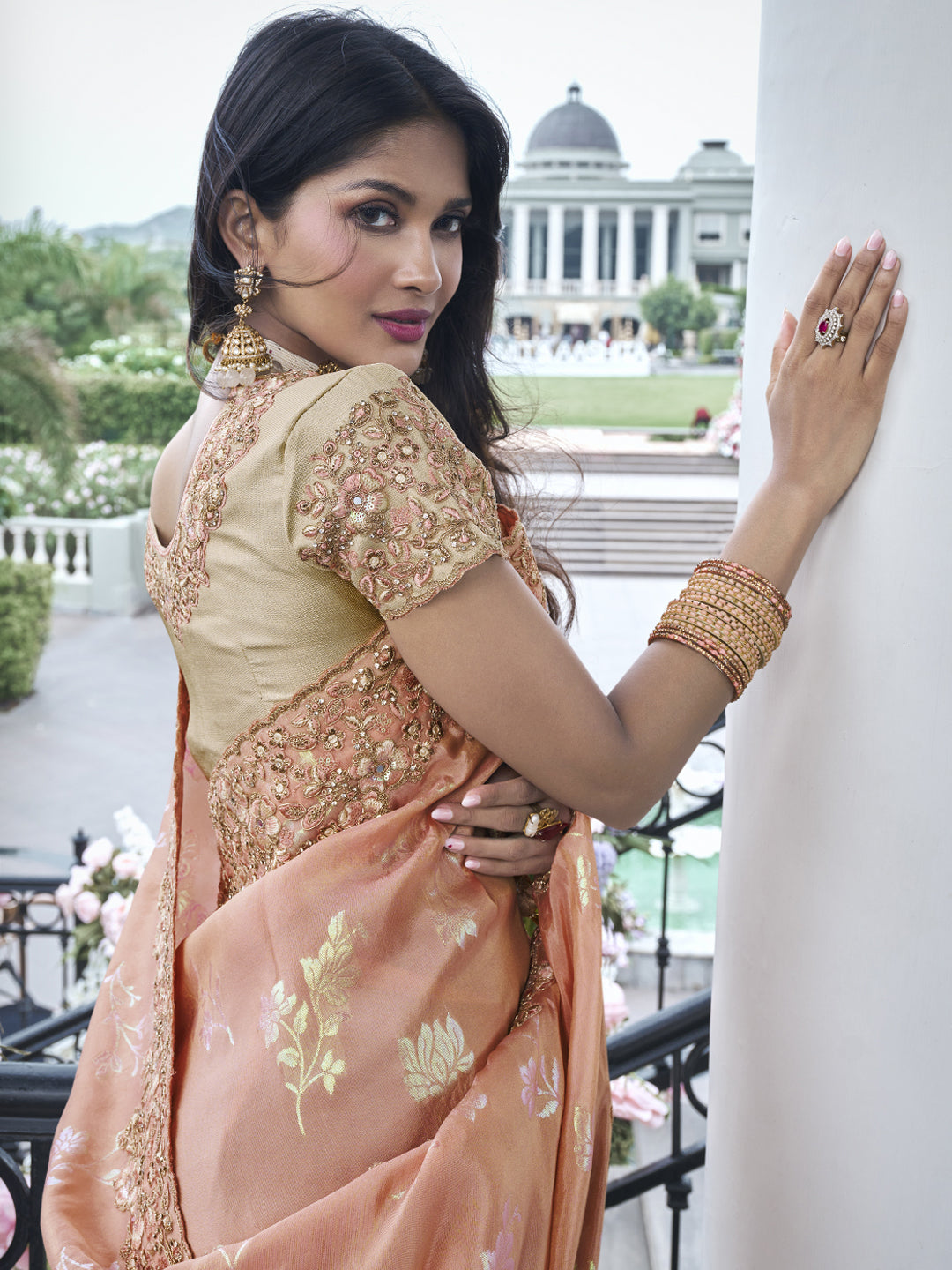 Zari Embroidery Soft Fancy Saree in Peach color-81539