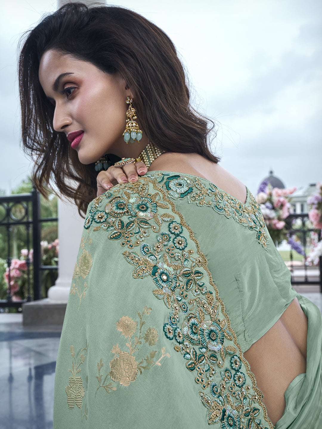 Zari Embroidery Soft Fancy Double shaded Saree in Light Green Color-81544