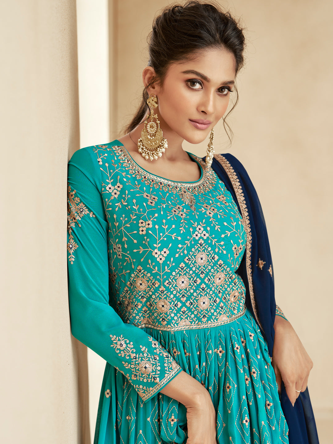 Embroidered Georgette Free Size Sharara style Salwar Kameez in Blue Color-71046