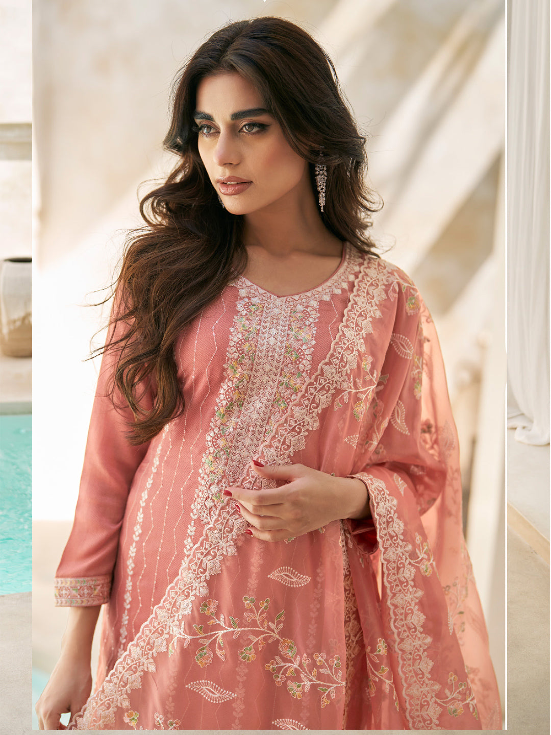 Embroidered Silk Un-Stitched Salwar Kameez in Peach Color-81590