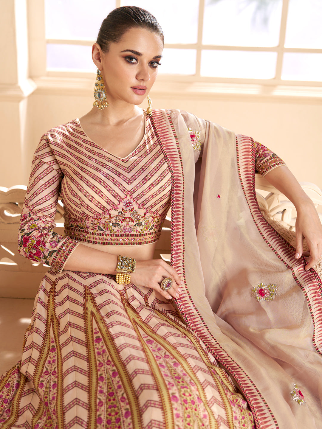 Embroidered Silk Georgette Sangeet Mehedi Lehenga in Gold Color-81349