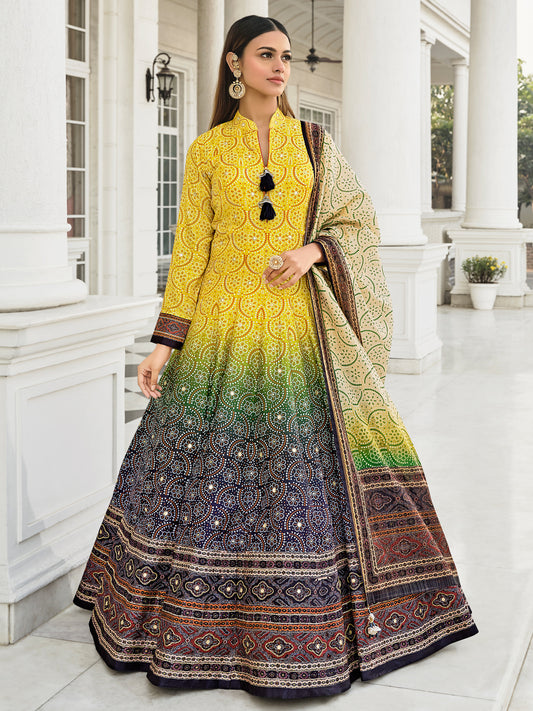 Jacquard And Bandhani Print Dolla Silk Gown style Salwar Kameez in Yellow Color-81352