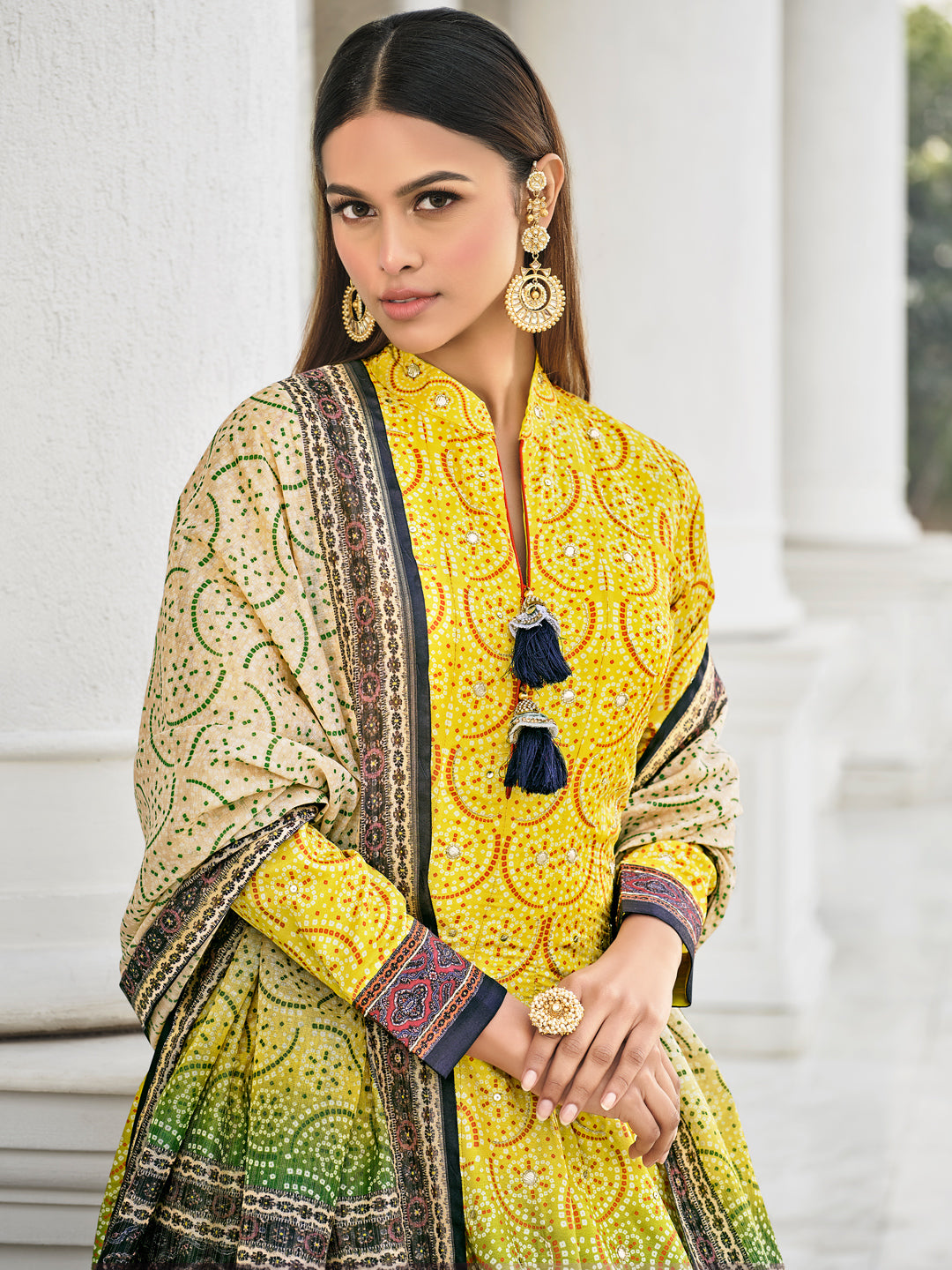 Jacquard And Bandhani Print Dolla Silk Gown style Salwar Kameez in Yellow Color-81352