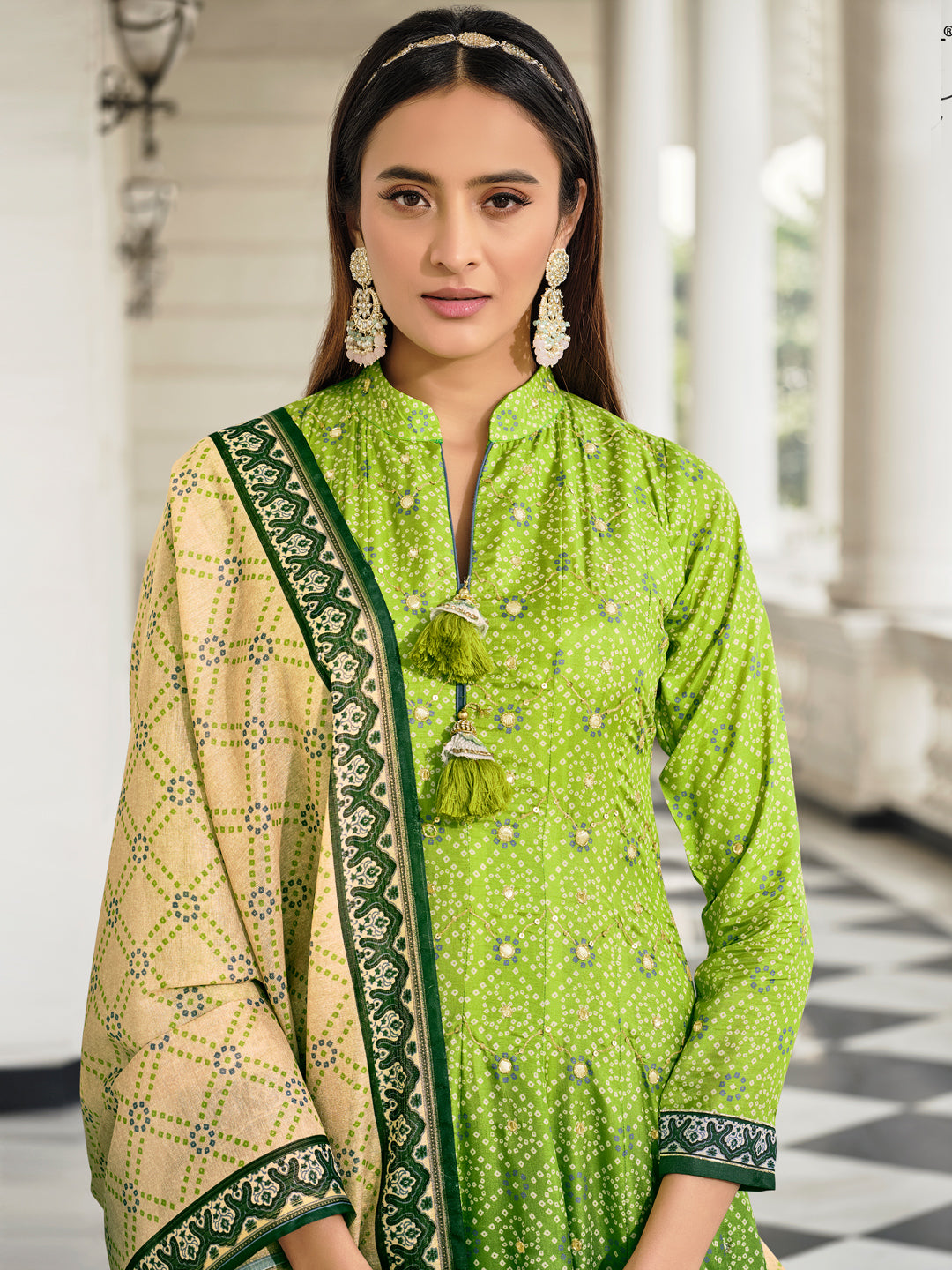 Jacquard And Bandhani Print Dolla Silk Gown style Salwar Kameez in Green Color-81355