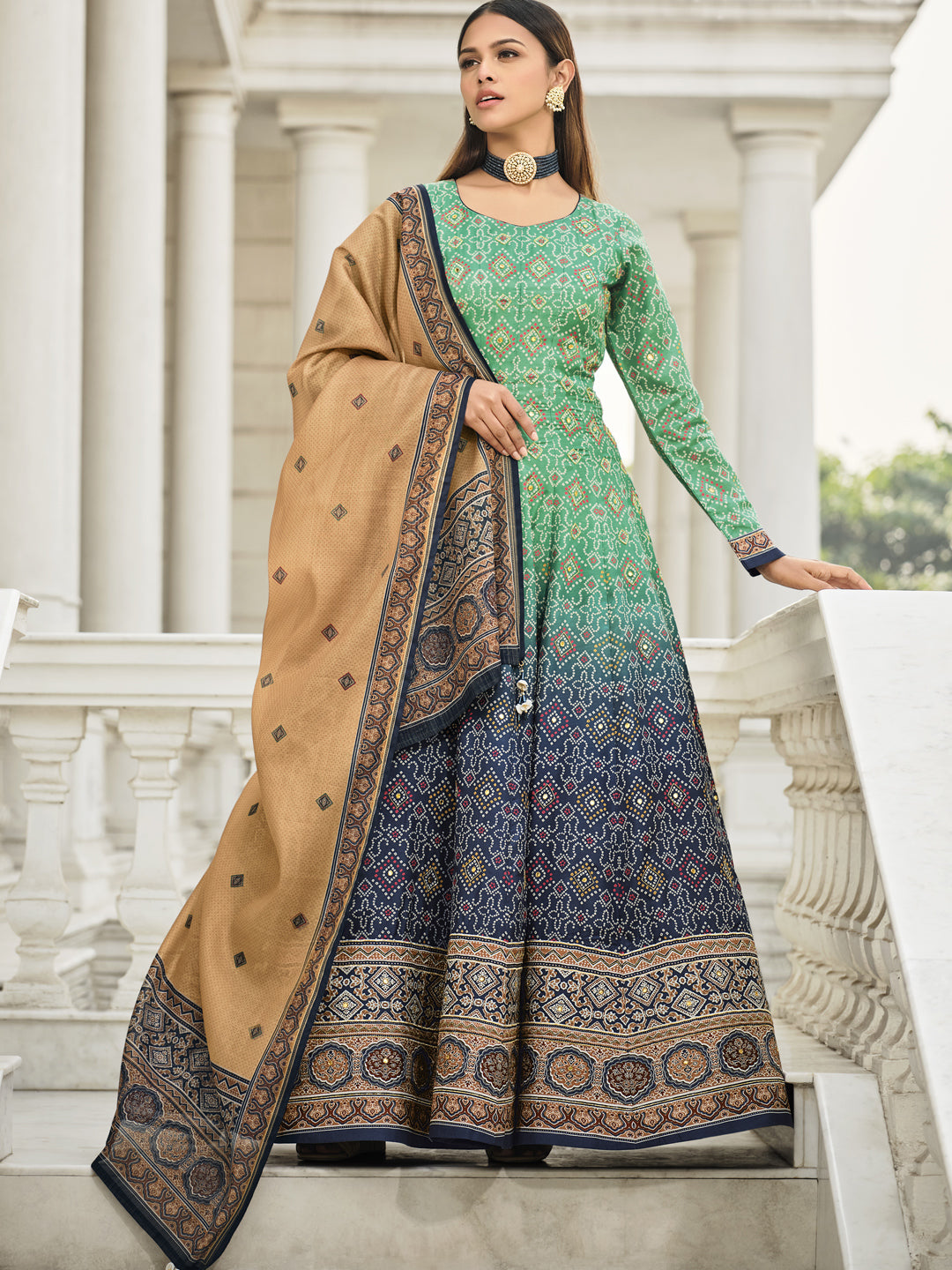 Jacquard And Bandhani Print Dolla Silk Gown style Salwar Kameez in Gre Saundaryam Fashions