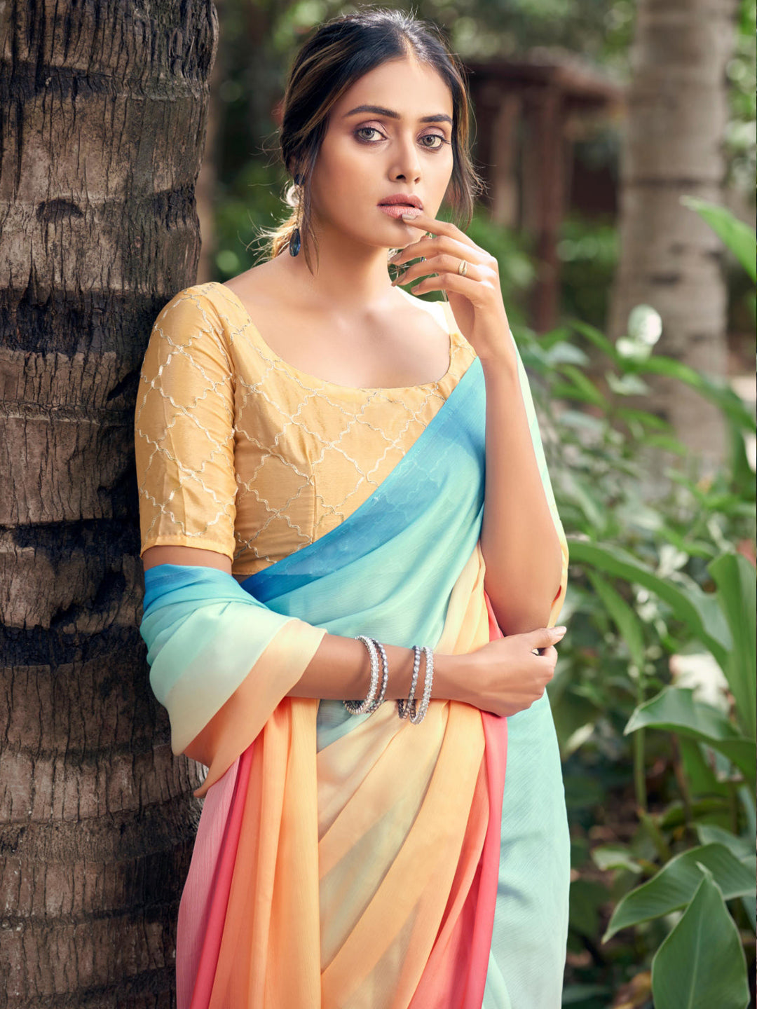 Multicolor Soft Satin Traditional Daily wear Saree In Gold-81104