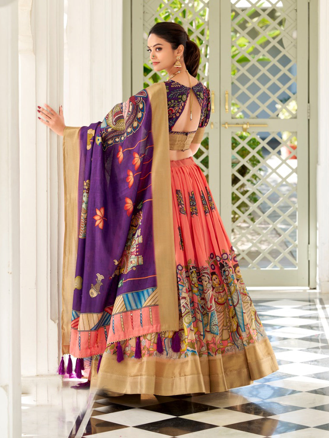 Kalamkari Printed Silk Semi-Stitched Lehenga Choli In Purple color -91079