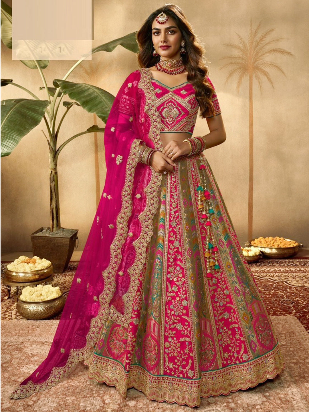 Embroidered Silk Bridal Lehenga with Double Chunni in Multicolor