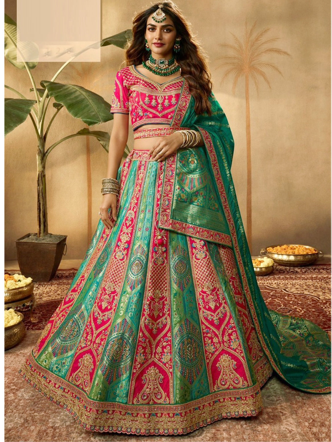 Embroidered Silk Bridal Lehenga with Double Chunni in Multicolor Color-61122