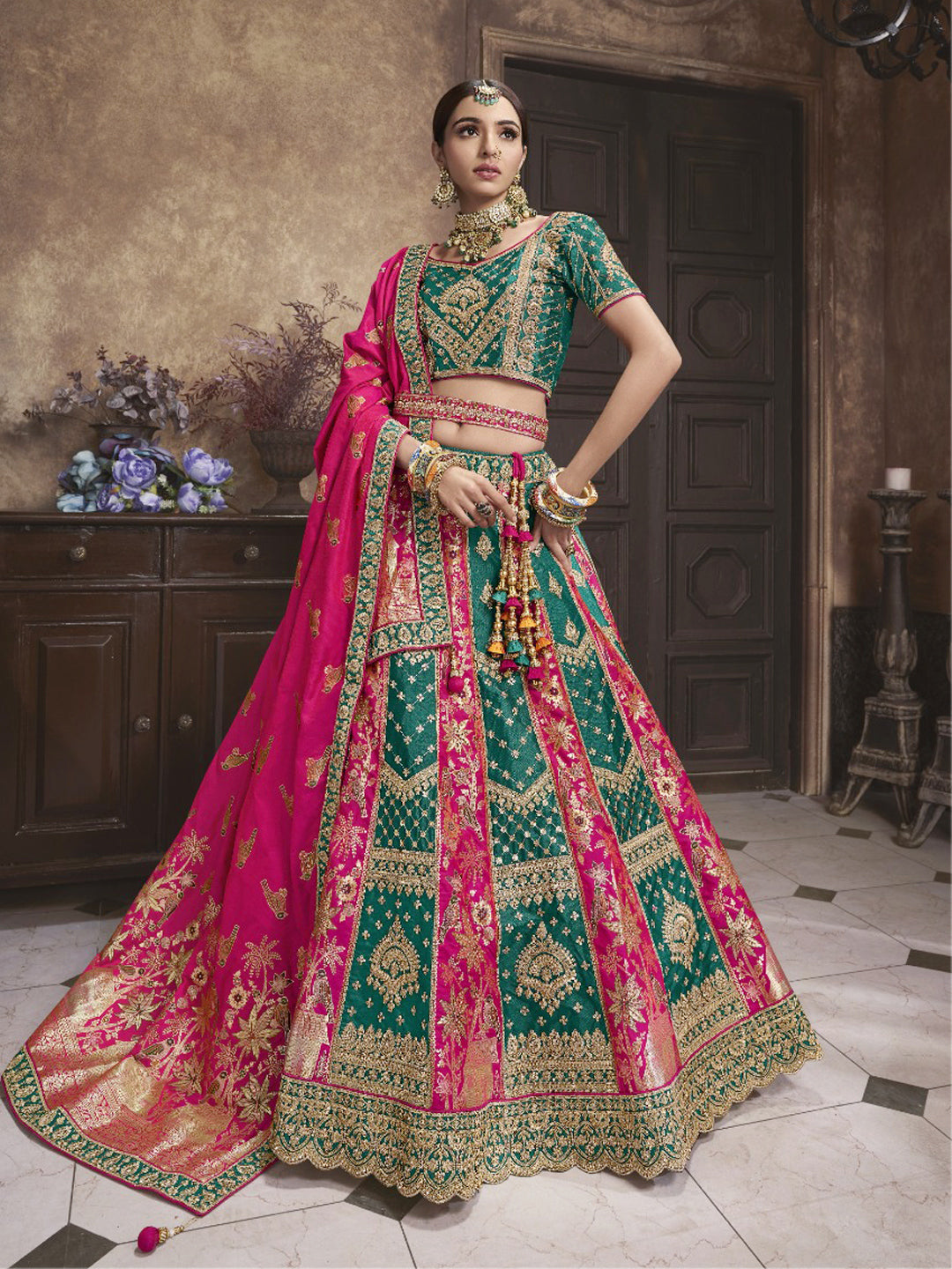 Embroidered Banarasi Silk Bridal Lehenga with Double Chunni in Multicolor Color-91038