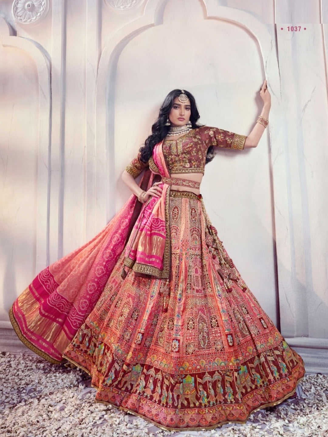 Embroidered Dola Silk Bridal Lehenga with Double Chunni in Multicolor Color-61149