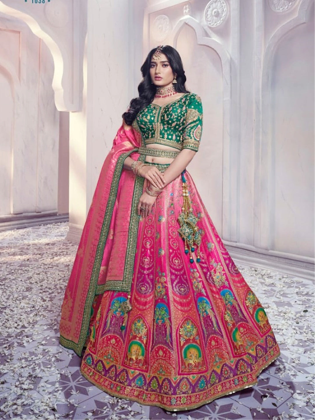 Embroidered Dola Silk Bridal Lehenga with Double Chunni in Multicolor Saundaryam Fashions