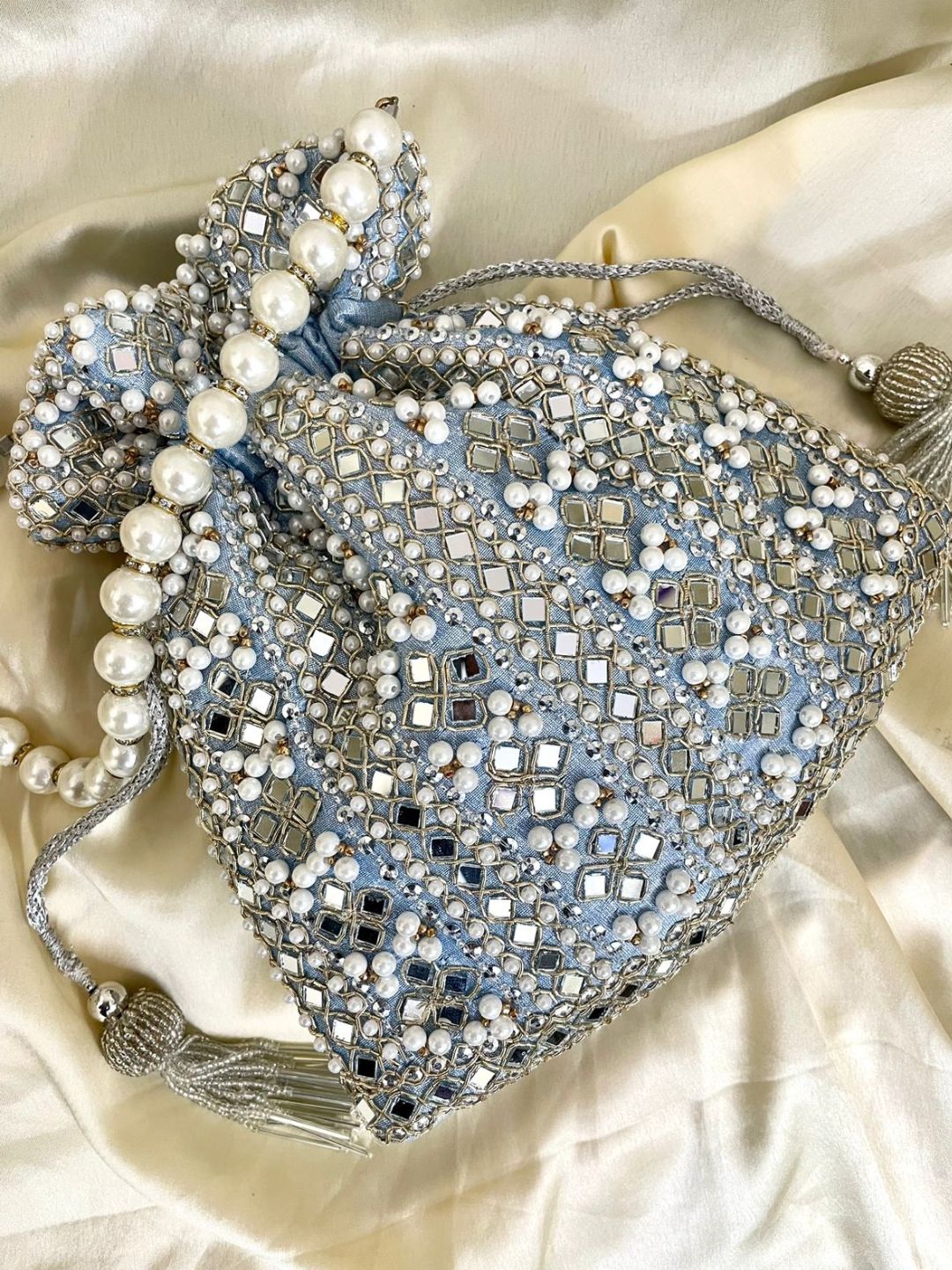 Grey Color Designer Heavy Mirror Double Side Embroidered Handcrafted Potli-40943