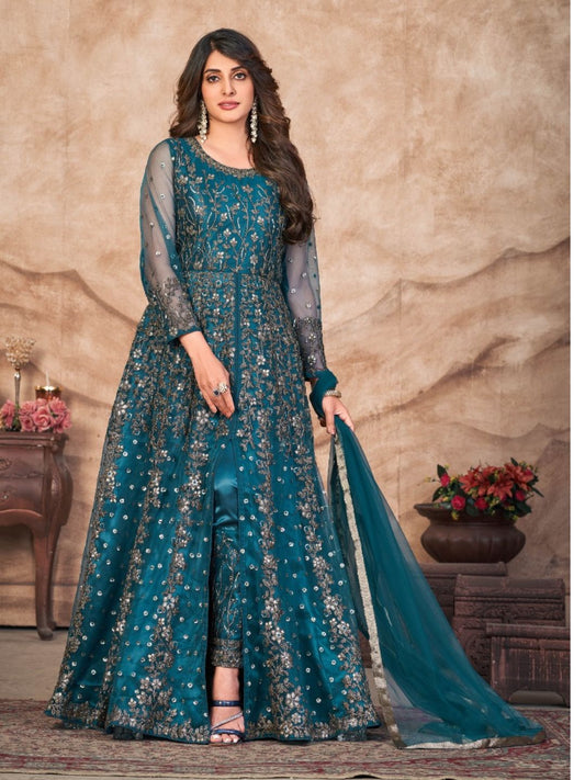 Embroidered Net Partywear Salwar Kameez in Blue Color-71012