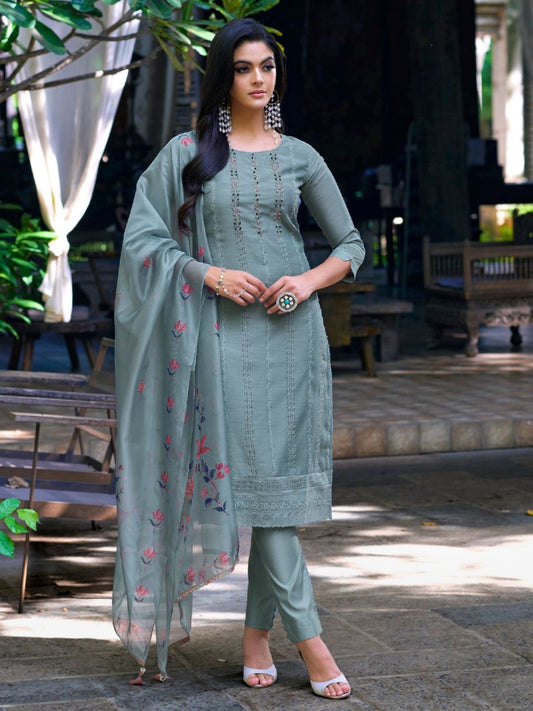 Printed Chanderi Silk Pakistani style Salwar Kameez in Grey Color-71029
