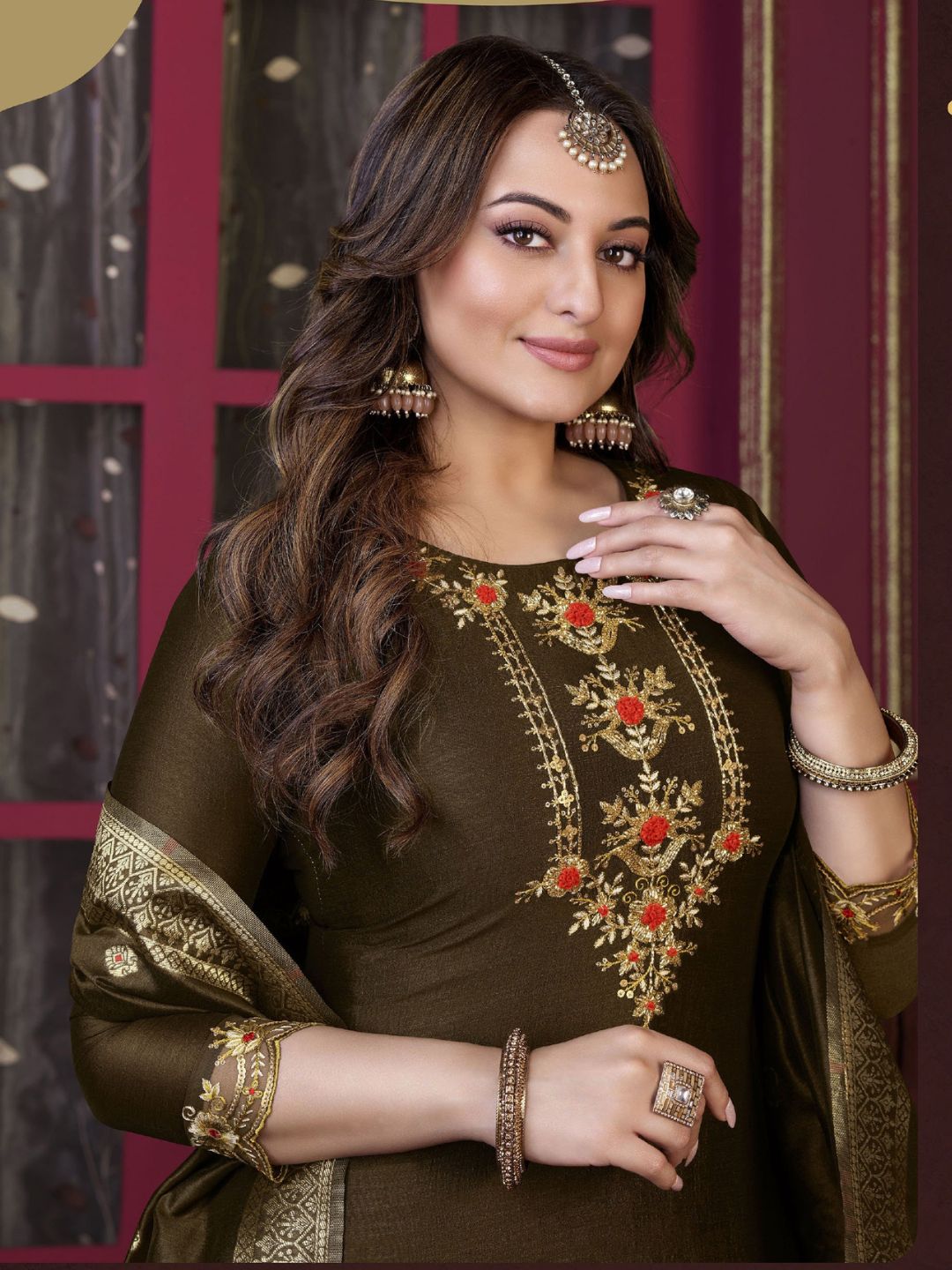 Sonakshi Sinha Bollywood Embroidered Silk Pakistani Style Salwar Kameez in Brown Color-71037