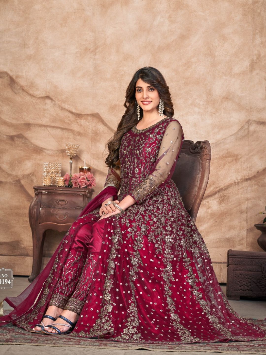 Embroidered Net Partywear Salwar Kameez in Maroon Color-71013
