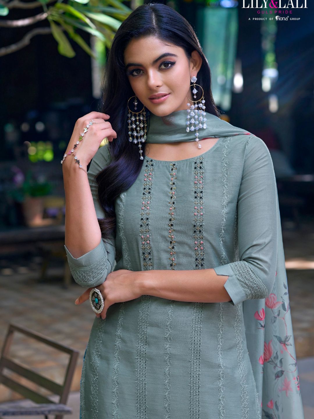 Printed Chanderi Silk Pakistani style Salwar Kameez in Grey Color-71029