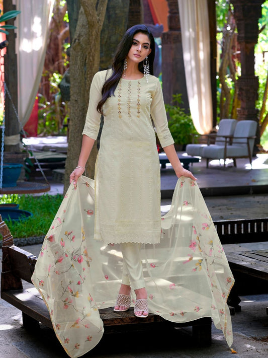 Printed Chanderi Silk Pakistani style Salwar Kameez in Cream Color-71030