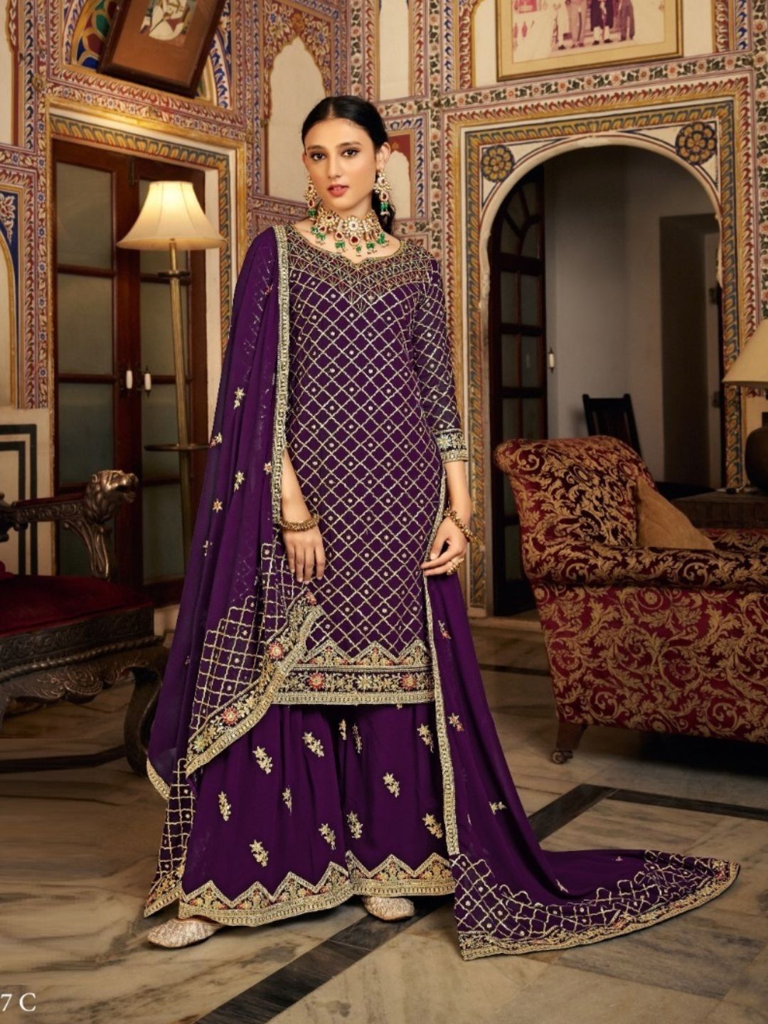 Embroidered Chinon Semi Stitched Gharara style Salwar Kameez in Purple Color-81561