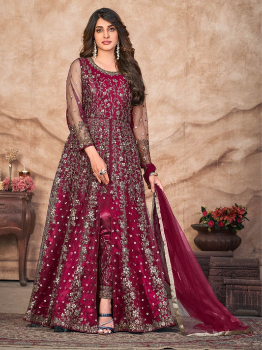 Embroidered Net Partywear Salwar Kameez in Maroon Color-71013