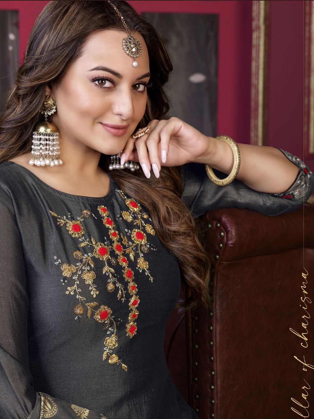 Sonakshi Sinha Bollywood Embroidered Silk Pakistani Style Salwar Kameez in Grey Color-71039