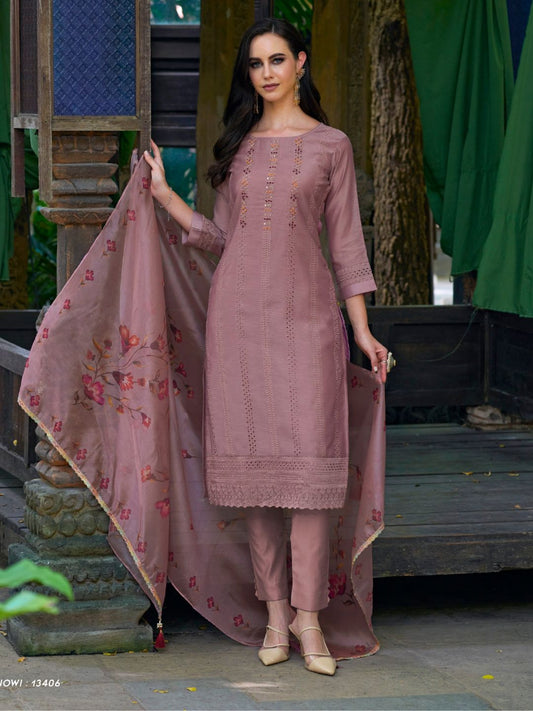 Printed Chanderi Silk Pakistani style Salwar Kameez in Purple Color-71031