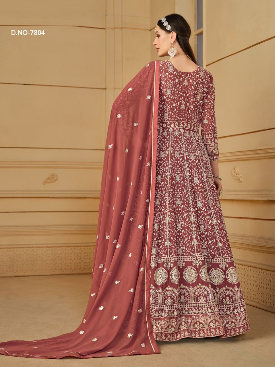Georgette Embroidered Bollywood Salwar Kameez in Beige and Brown with Stone work-81988