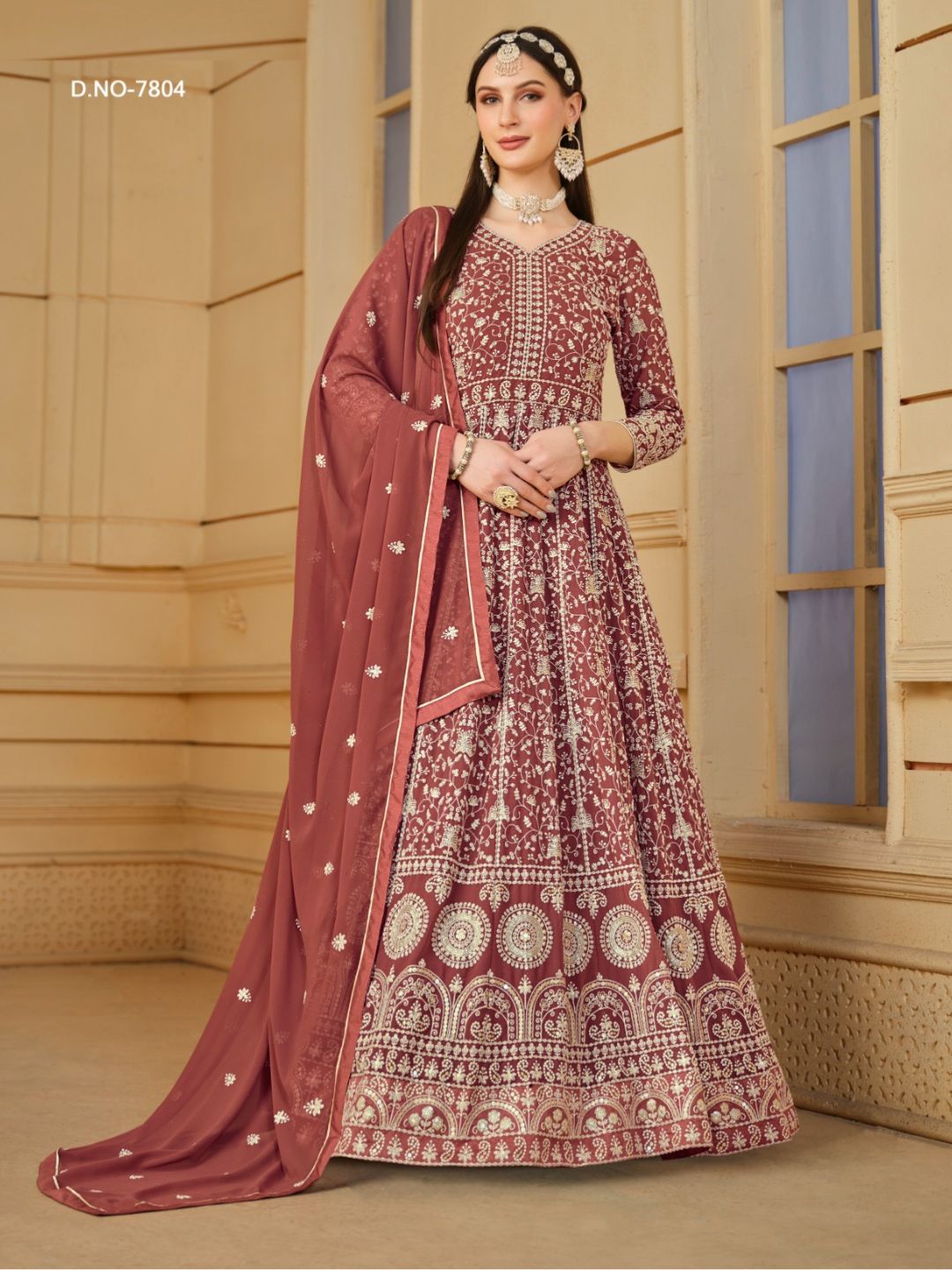 Georgette Embroidered Bollywood Salwar Kameez in Beige and Brown with Stone work-81988