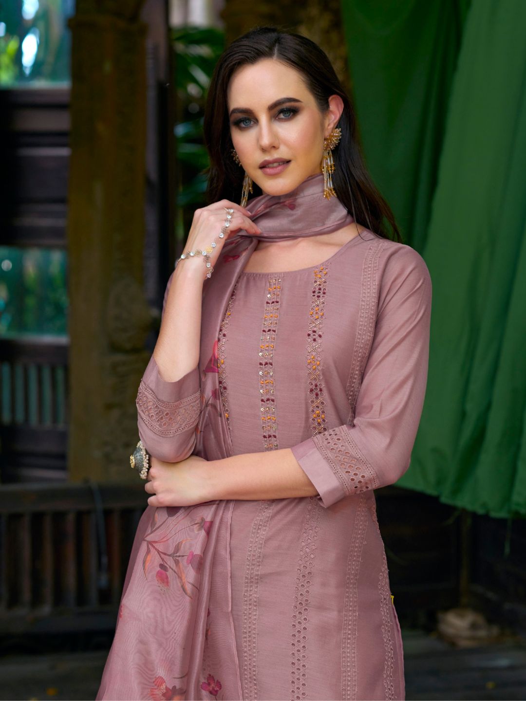 Printed Chanderi Silk Pakistani style Salwar Kameez in Purple Color-71031