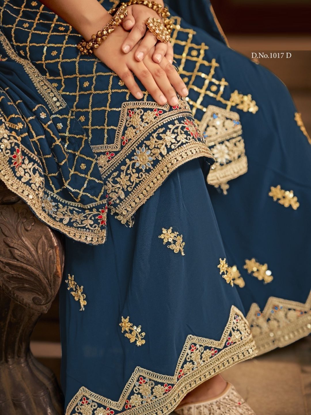 Embroidered Chinon Semi Stitched Gharara style Salwar Kameez in Blue Color-81562