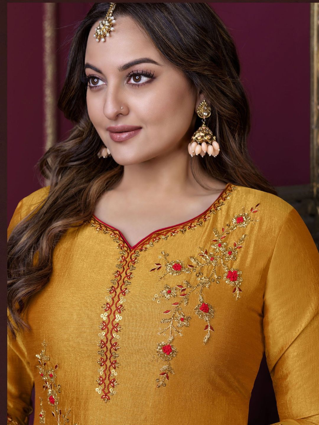 Sonakshi Sinha Bollywood Embroidered Silk Pakistani Style Salwar Kameez in Yellow Color-71032