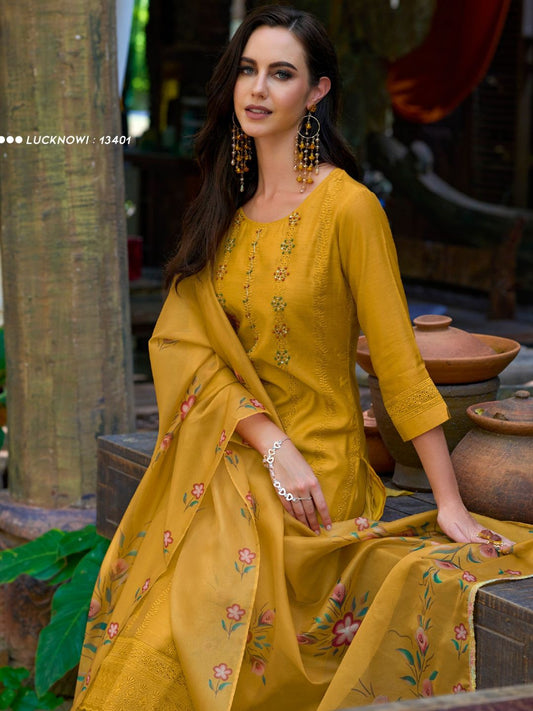 Printed Chanderi Silk Pakistani style Salwar Kameez in Yellow Color-71026