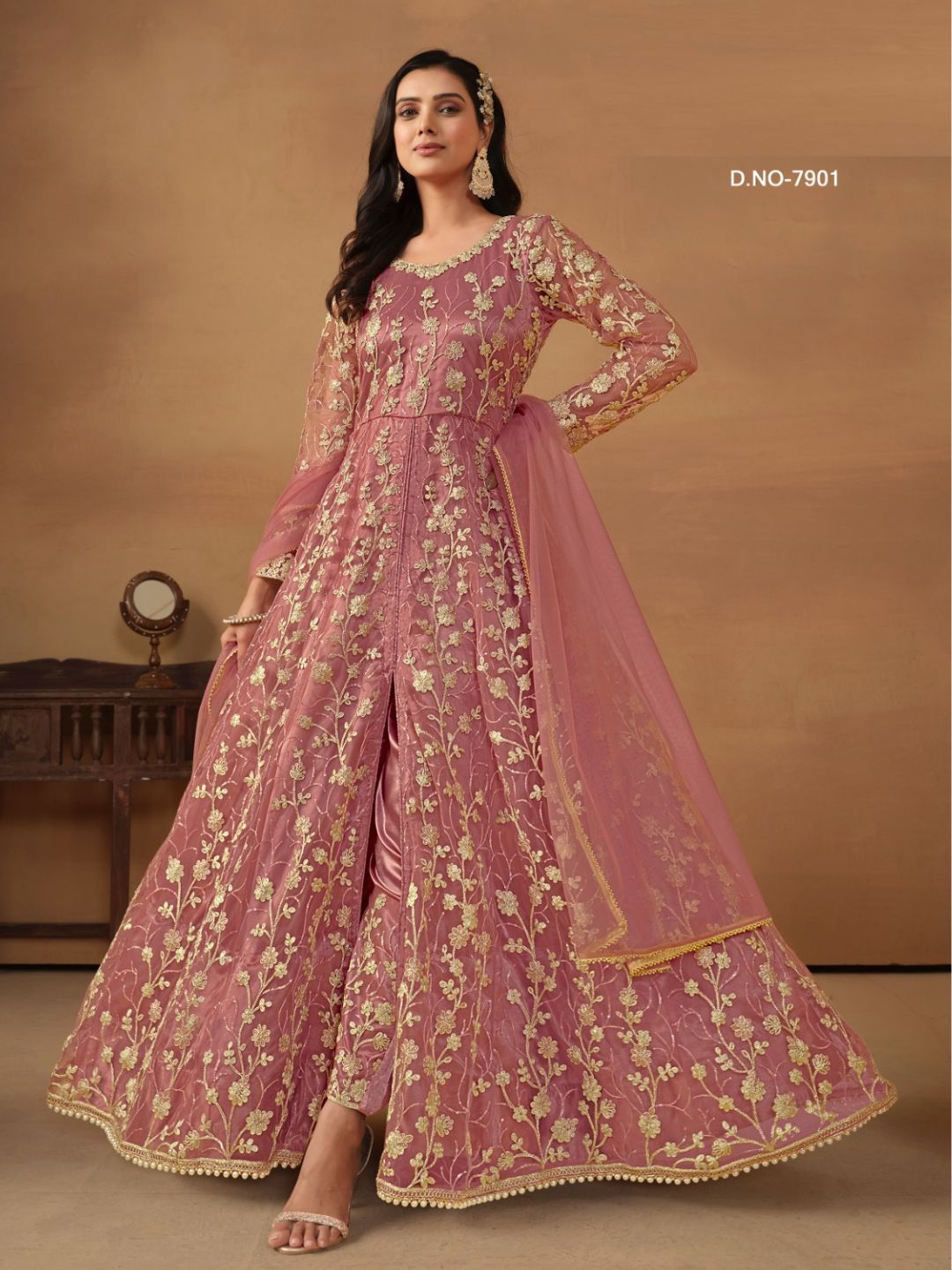 Net Embroidered Bollywood Salwar Kameez in Pink with Stone work-81993