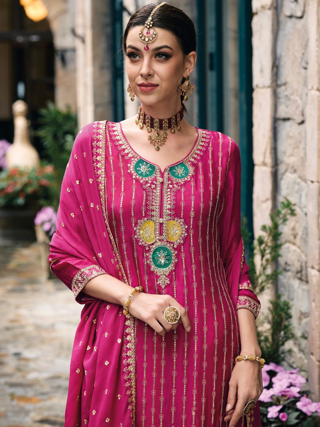 Embroidered Chinnon Free Size Plazzo style Salwar Kameez in Pink-71018