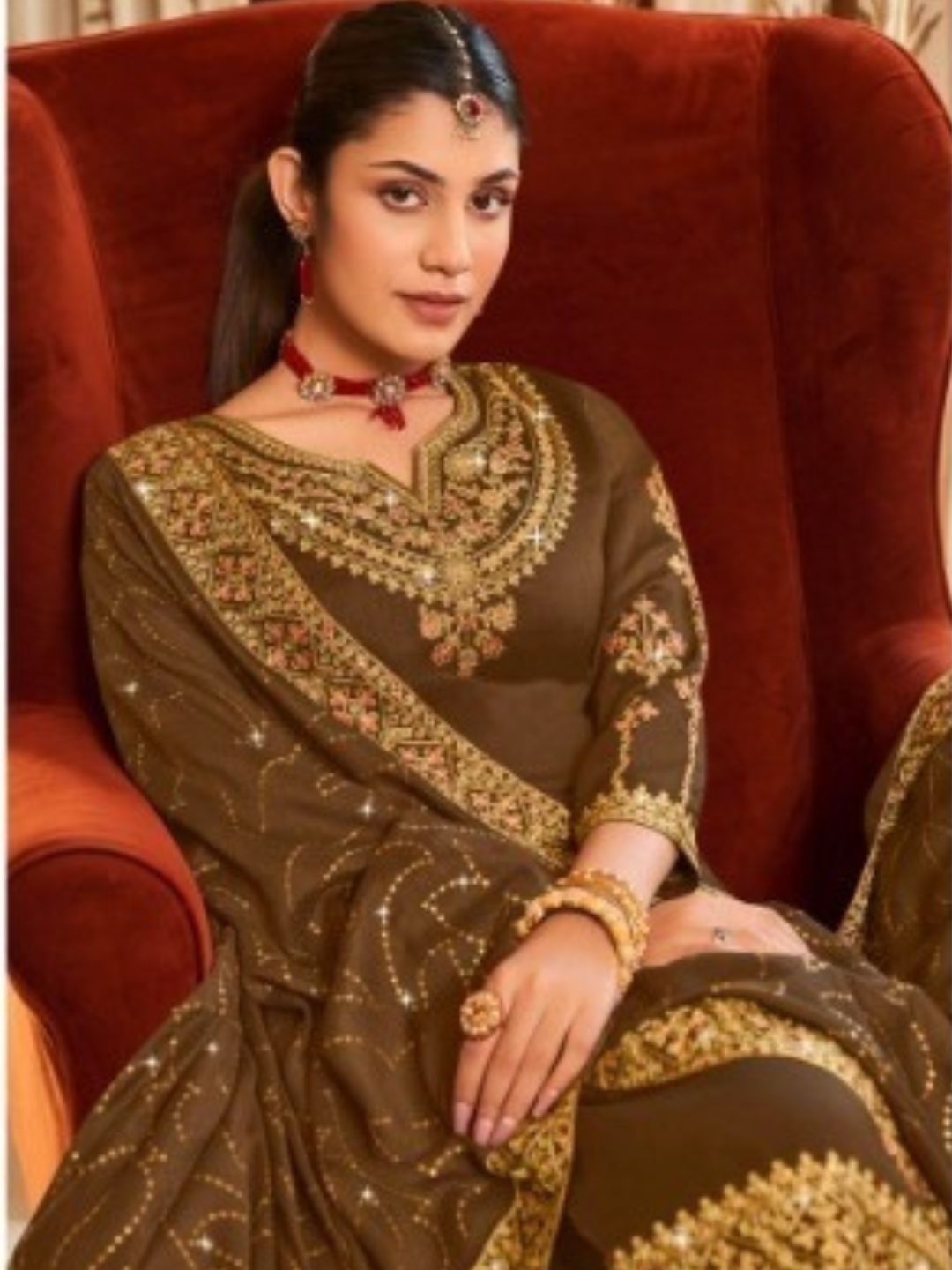 Embroidered Vichitra Festive Straight Salwar Kameez in Dark Golden