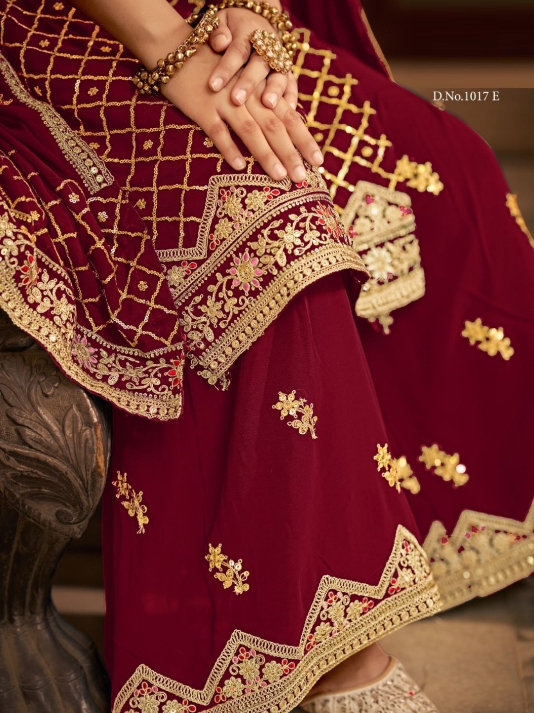 Embroidered Chinon Semi Stitched Gharara style Salwar Kameez in Red Color-81563