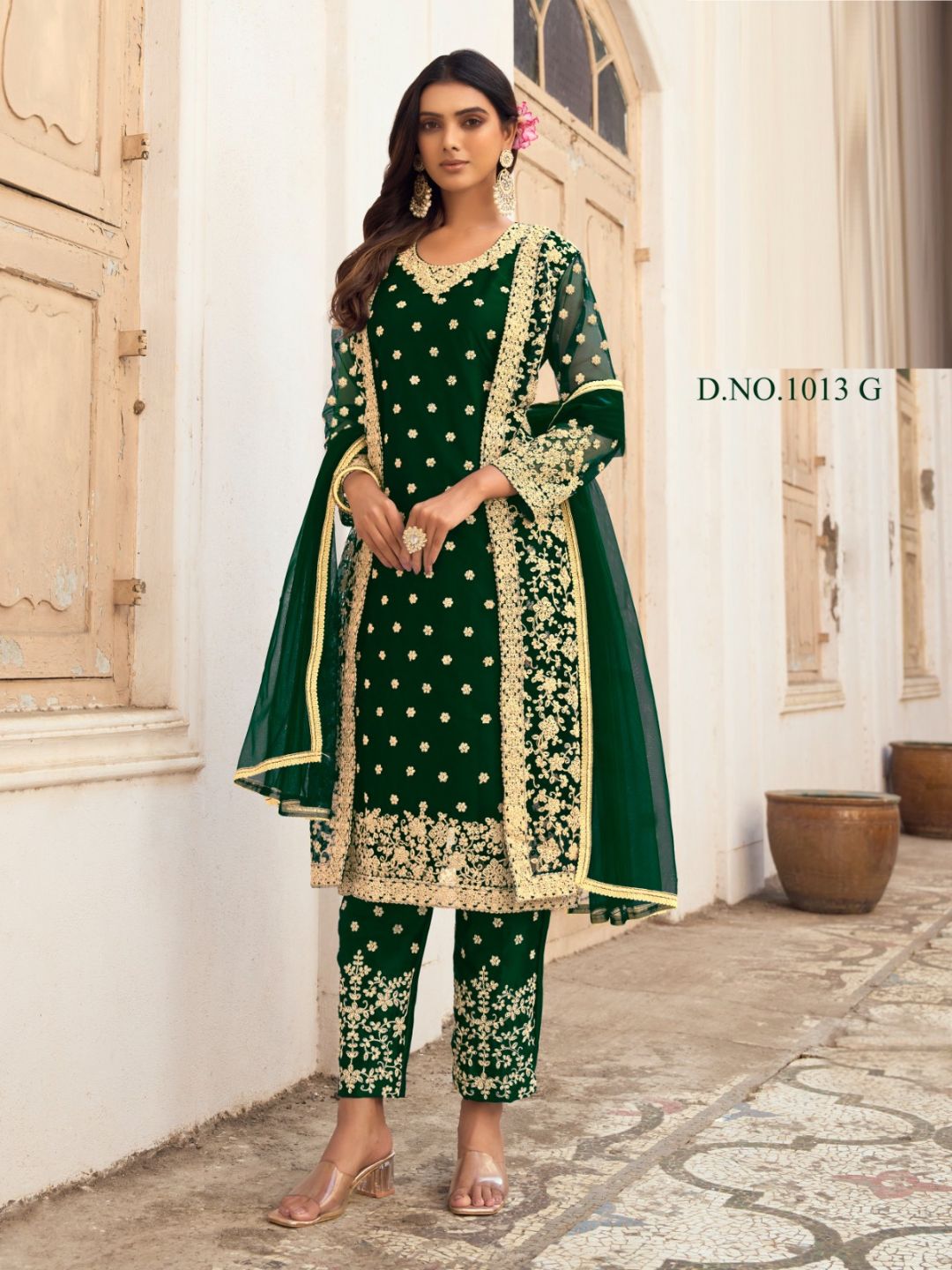 Embroidered Net Pent Salwar Kameez in Green Color-71007