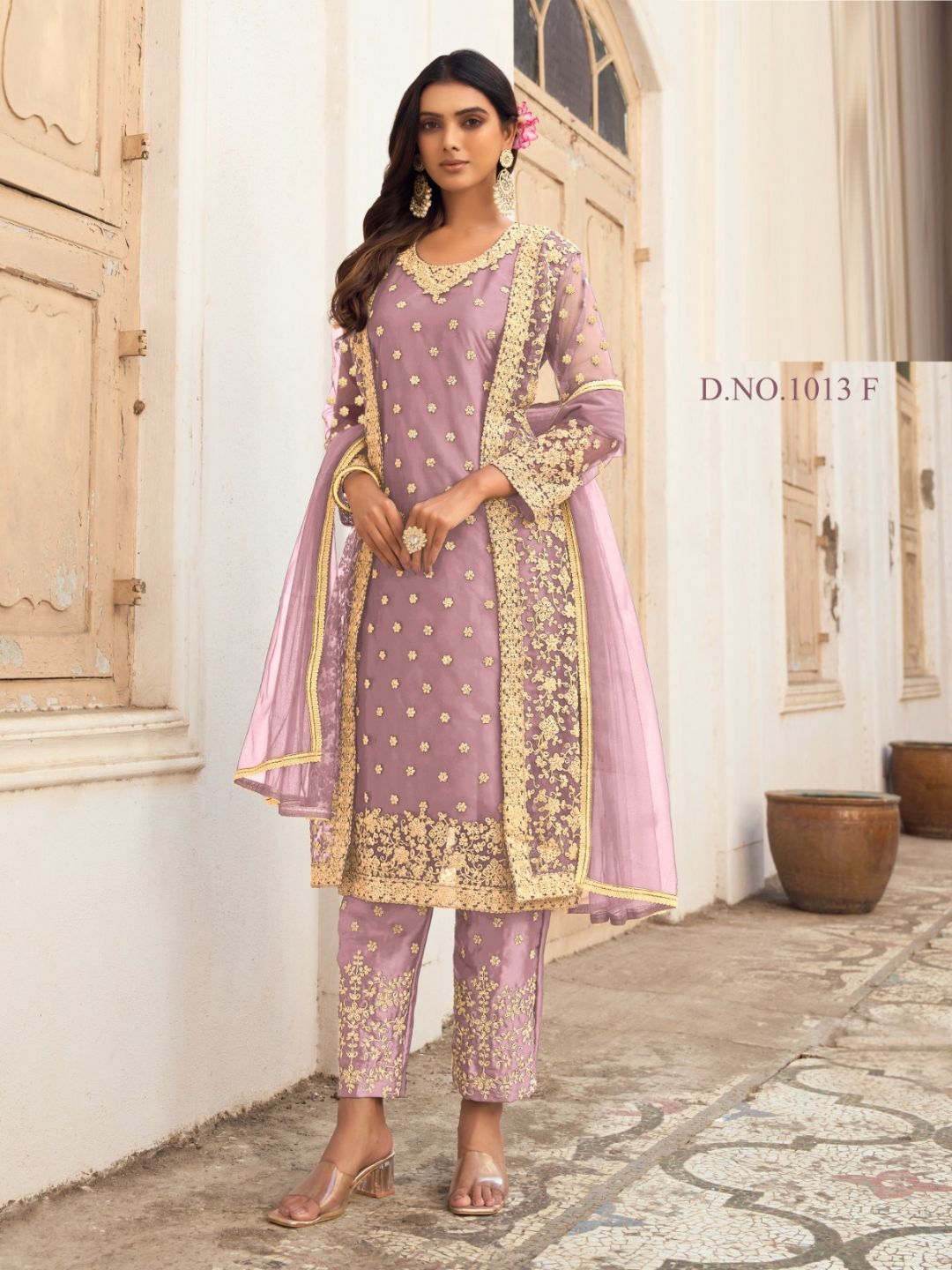 Embroidered Net Pent Salwar Kameez in Purple Color-71008