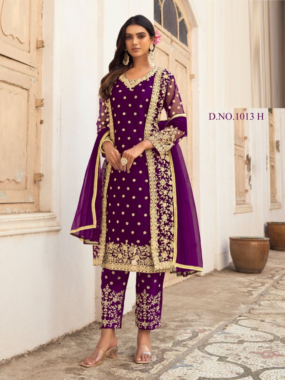 Embroidered Net Pent Salwar Kameez in Purple Color-71009