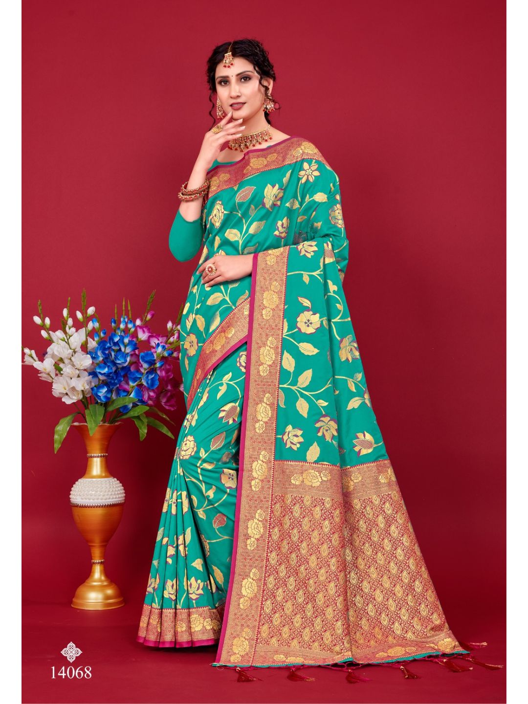 Weaving Banarasi Silk Wedding Saree In Turquoise-81062