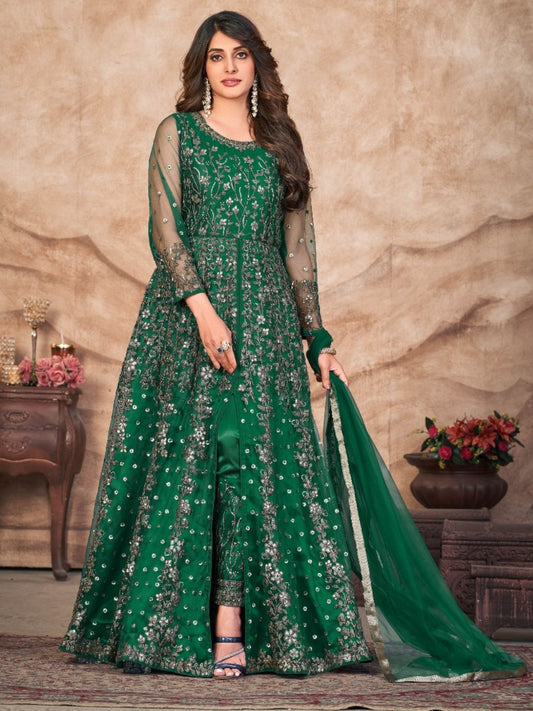 Embroidered Net Partywear Salwar Kameez in Green Color-71010