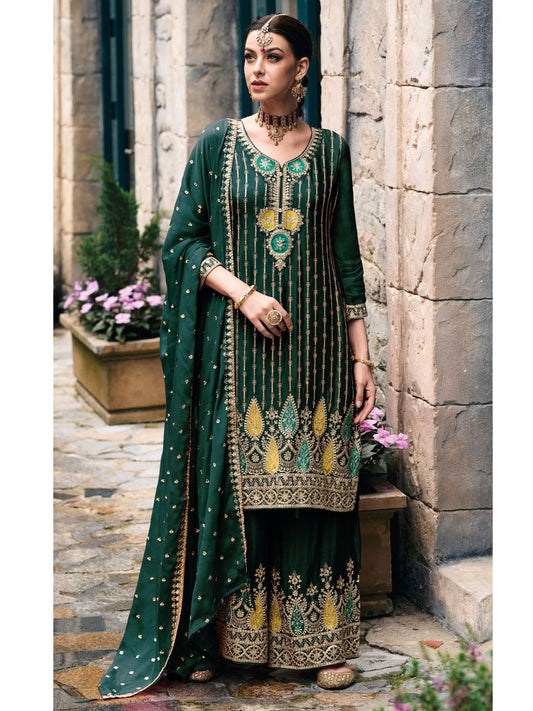 Embroidered Chinnon Free Size Plazzo style Salwar Kameez in Green Color-71019