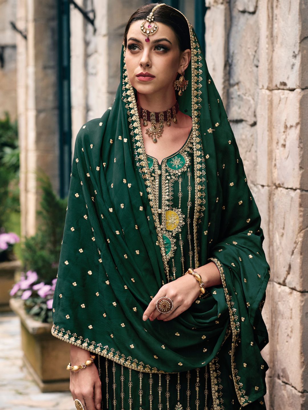 Embroidered Chinnon Free Size Plazzo style Salwar Kameez in Green Color-71019