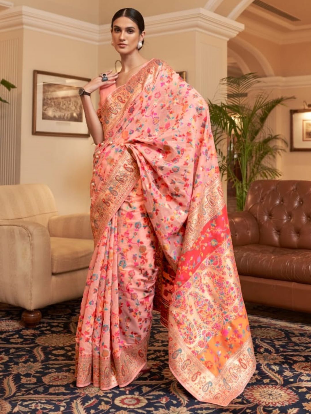 Weaving Kashmiri Bollywood Saree In Pink-81069