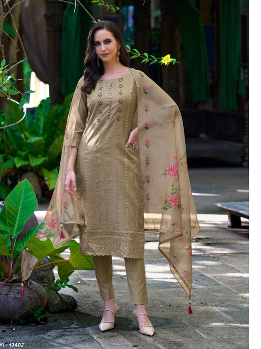 Printed Chanderi Silk Pakistani style Salwar Kameez in Beige Color-71027