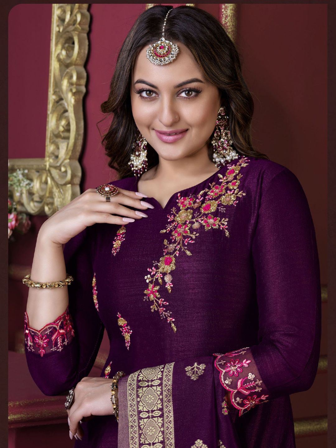 Sonakshi Sinha Bollywood Embroidered Silk Pakistani Style Salwar Kameez in Purple Color-71033