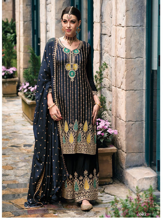 Embroidered Chinnon Free Size Plazzo style Salwar Kameez in Grey Color-71020