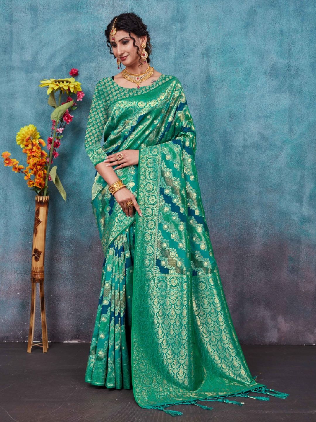 Weaving Banarasi Silk Festive Saree In Turquoise Color-81059